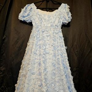 Regency ball gown Long Dress with train Blue with flower applique